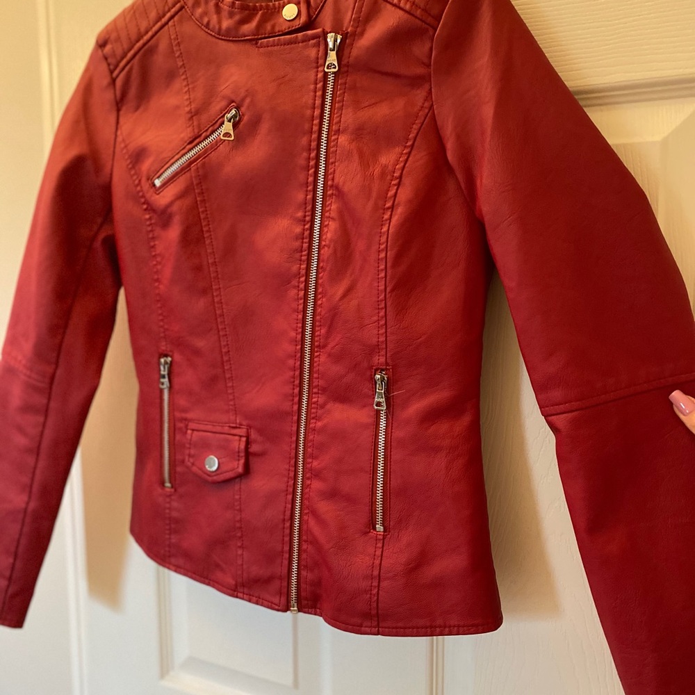 Red faux leather jacket